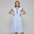 Women's Flutter Sleeve Tiered Midi Dress with Contrast Trim - Azure