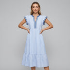 Women's Flutter Sleeve Tiered Midi Dress with Contrast Trim - Azure