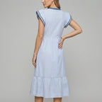 Women's Flutter Sleeve Tiered Midi Dress with Contrast Trim