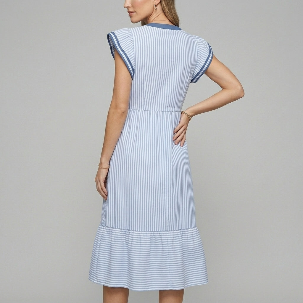 Women's Flutter Sleeve Tiered Midi Dress with Contrast Trim
