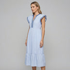 Women's Flutter Sleeve Tiered Midi Dress with Contrast Trim