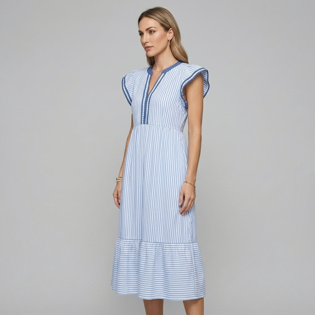 Women's Flutter Sleeve Tiered Midi Dress with Contrast Trim