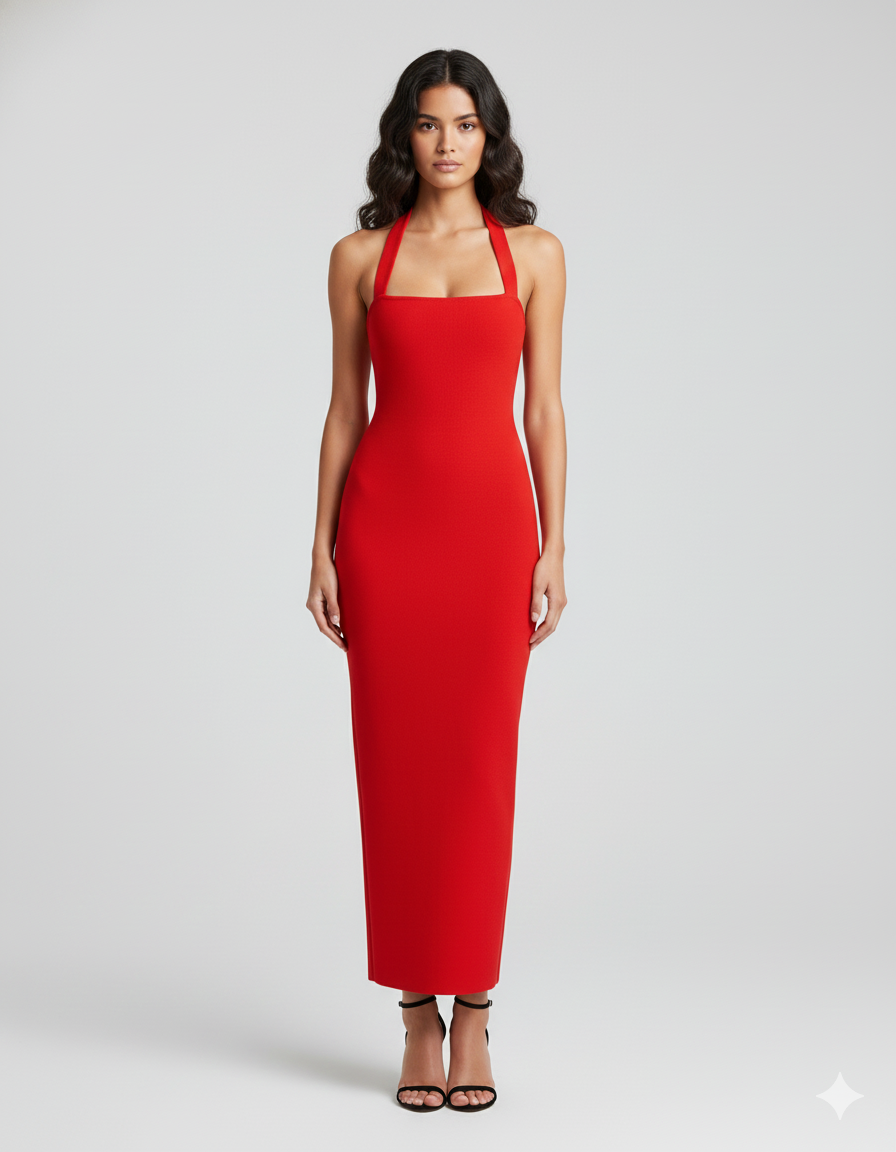 Women's Halter Neck Slim Maxi Dress with Square Neckline