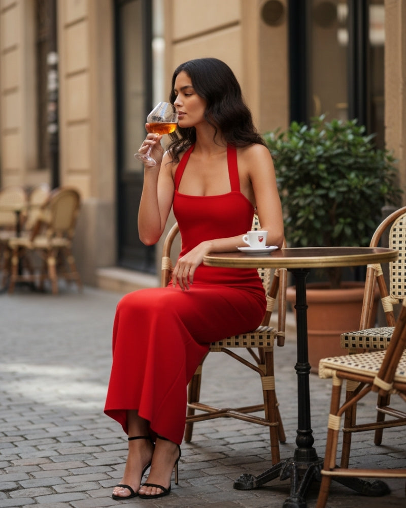 Women's Halter Neck Slim Maxi Dress with Square Neckline