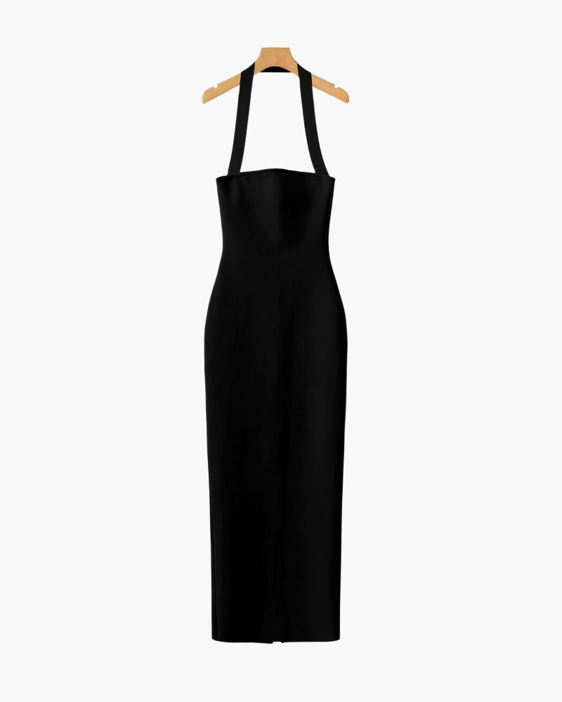 Women's Halter Neck Slim Maxi Dress with Square Neckline - Black