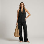 Women's Halter Top and Wide Leg Pants Set with Deep V-Neck