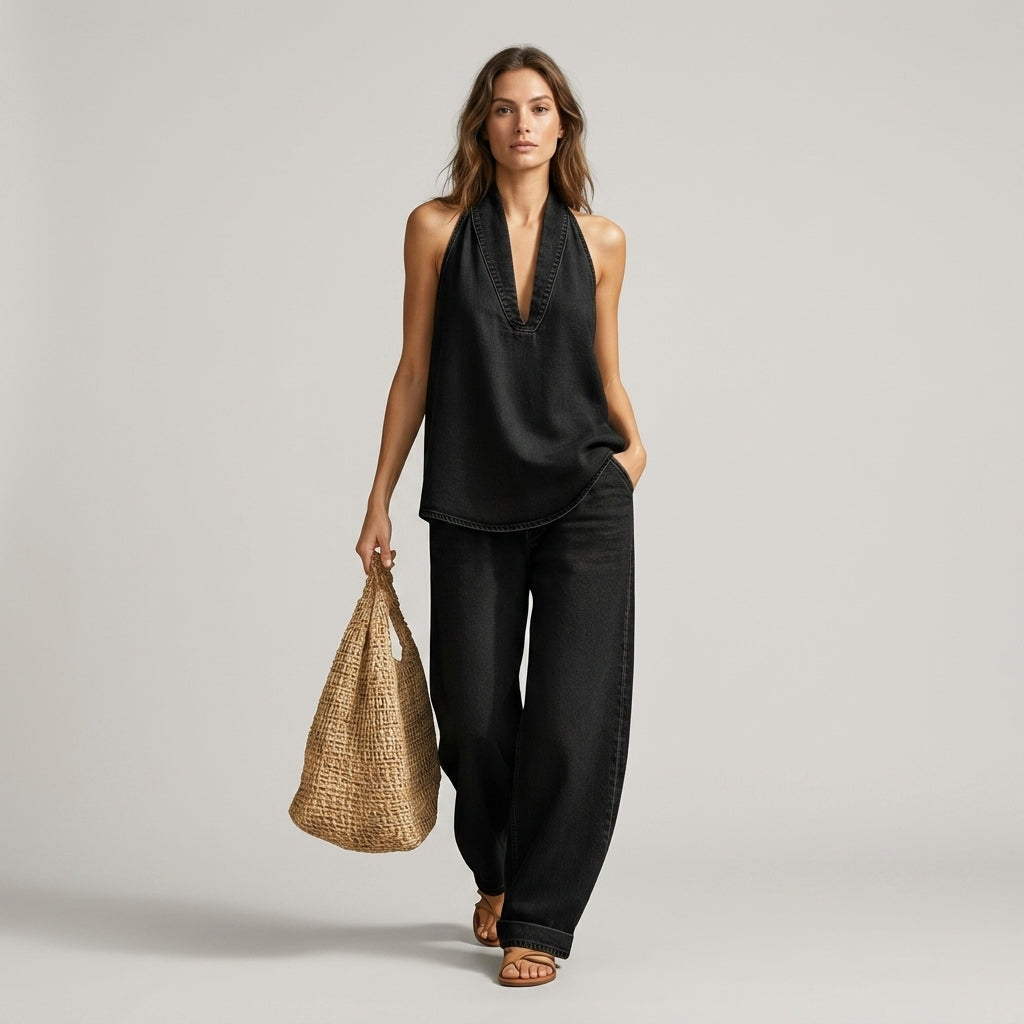 Women's Halter Top and Wide Leg Pants Set with Deep V-Neck - Charcoal