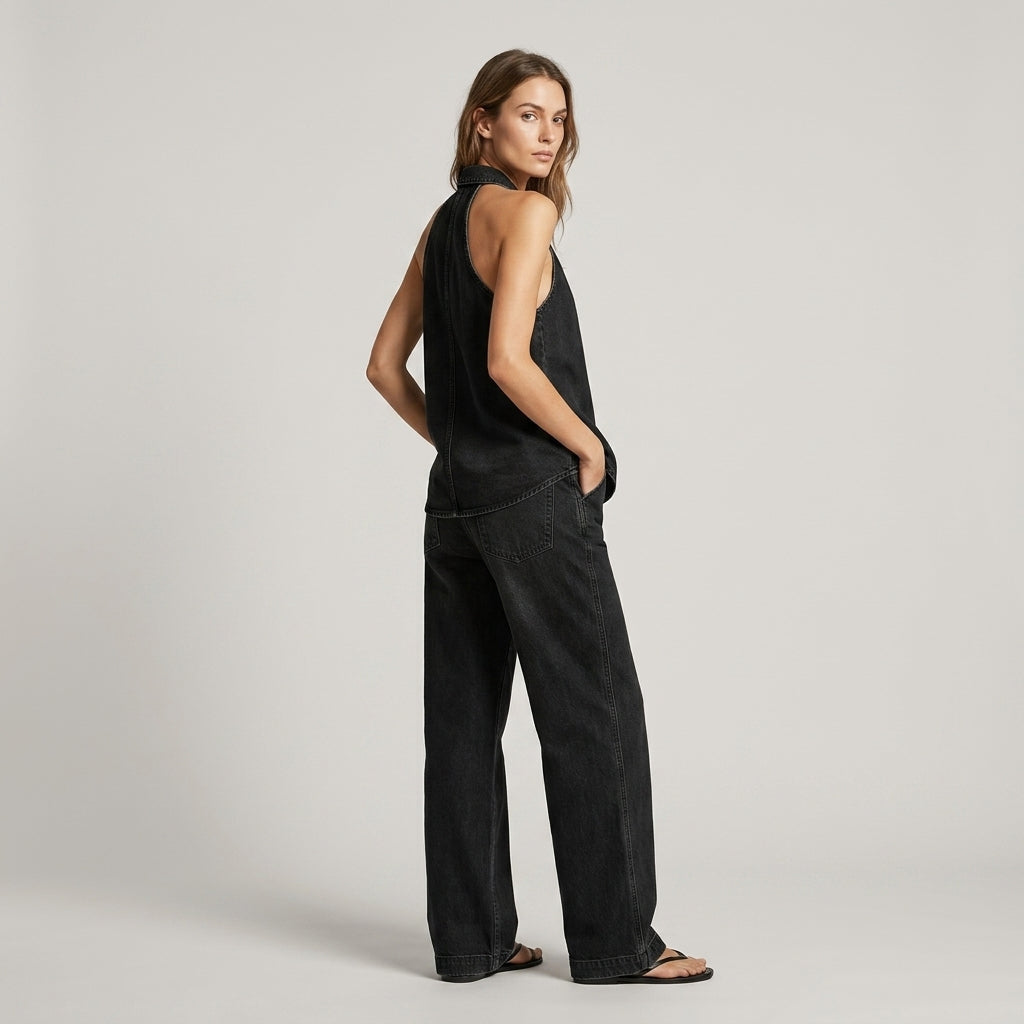 Women's Halter Top and Wide Leg Pants Set with Deep V-Neck