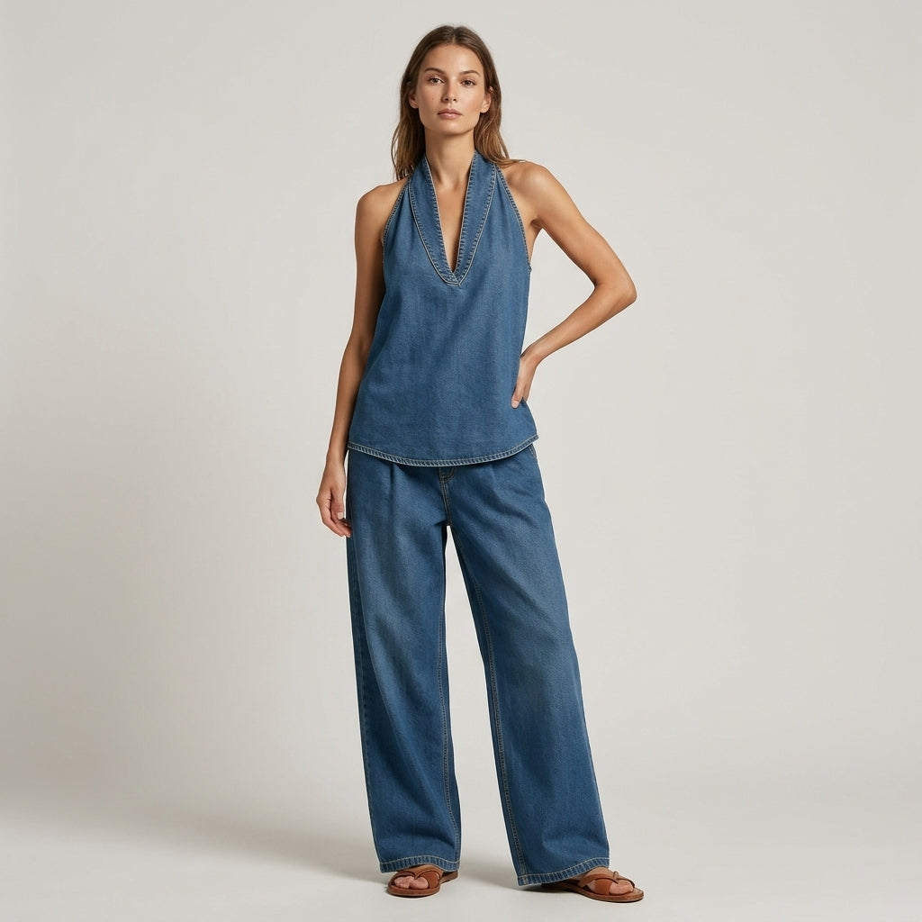 Women's Halter Top and Wide Leg Pants Set with Deep V-Neck - Navy Blue