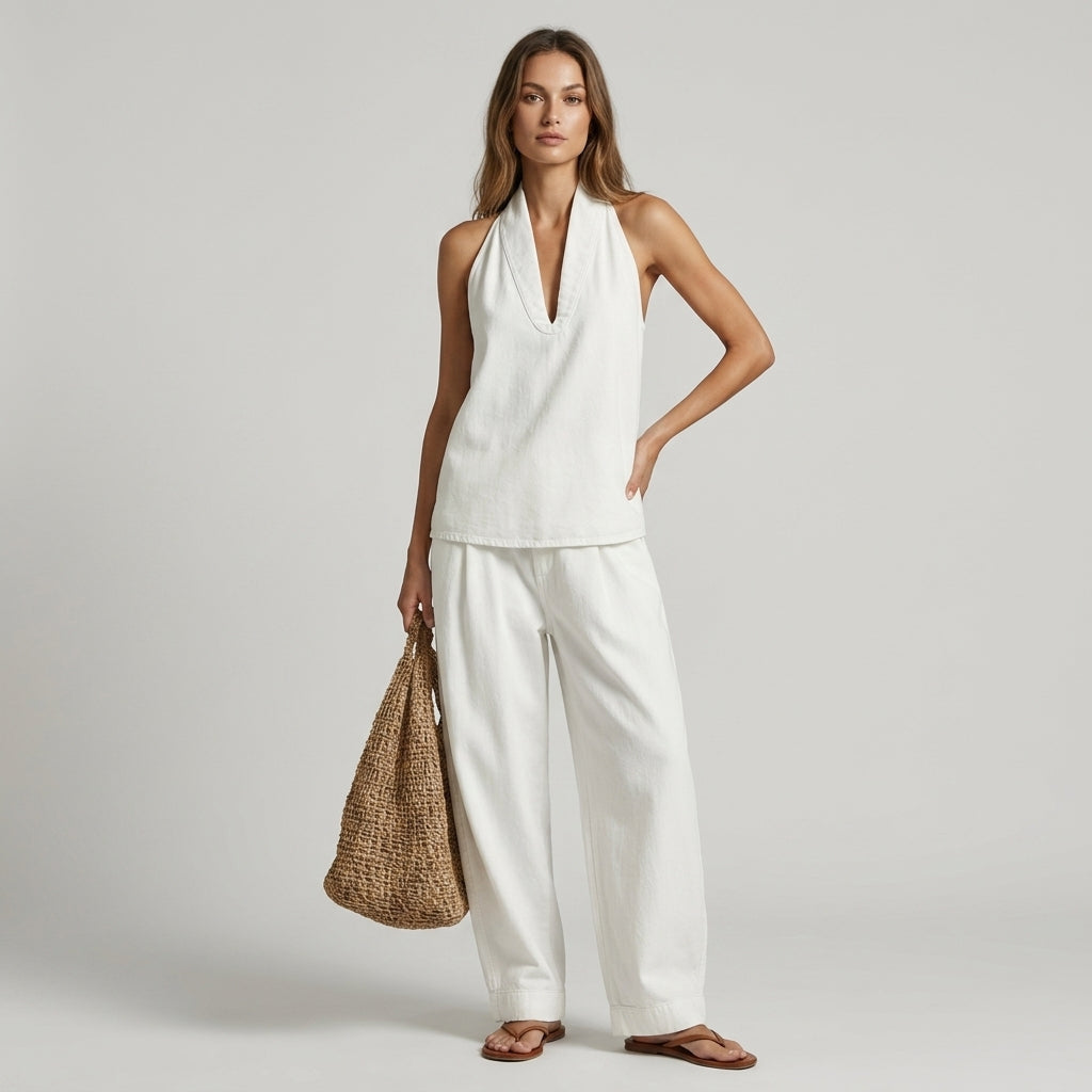 Women's Halter Top and Wide Leg Pants Set with Deep V-Neck - Pearl