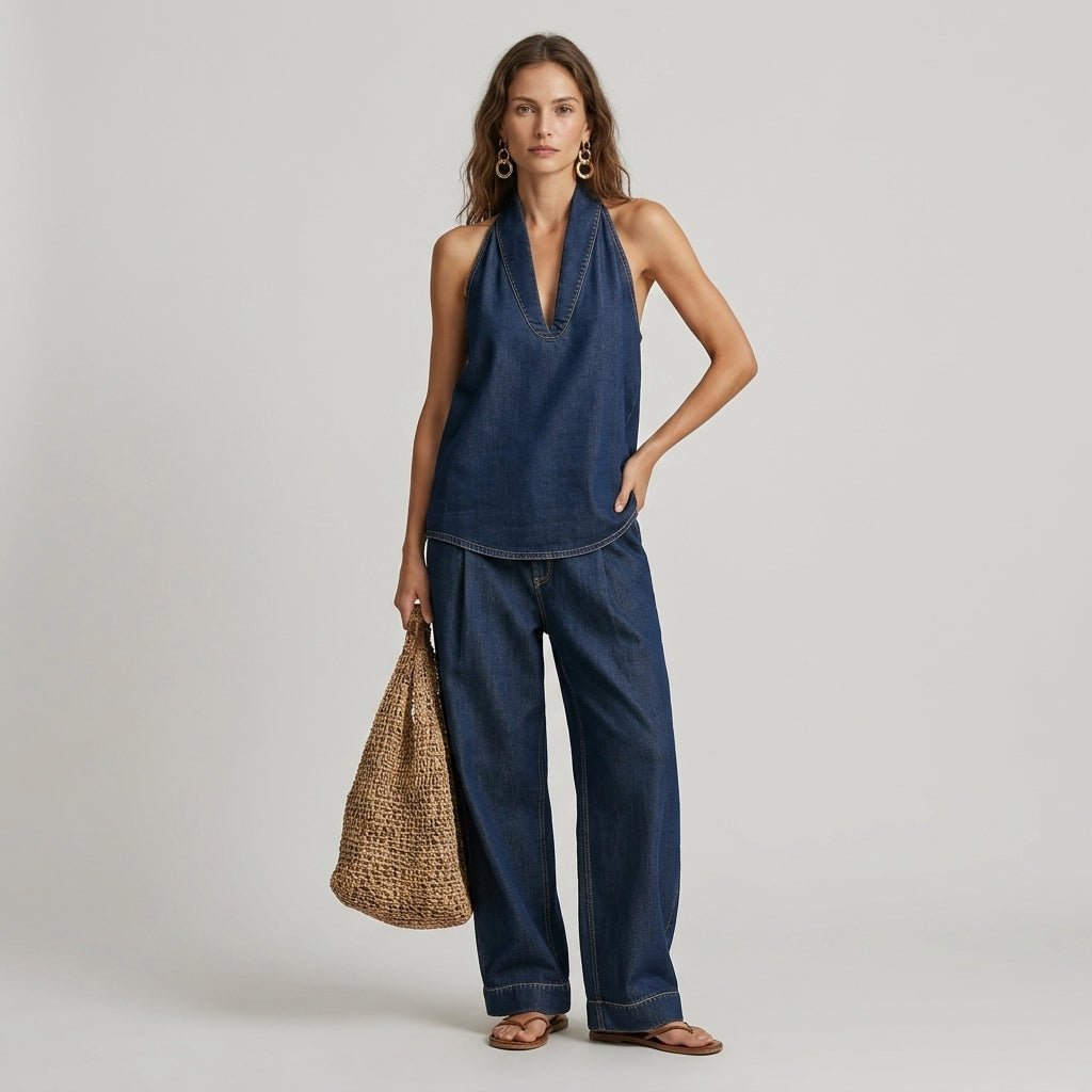 Women's Halter Top and Wide Leg Pants Set with Deep V-Neck - Indigo Blue