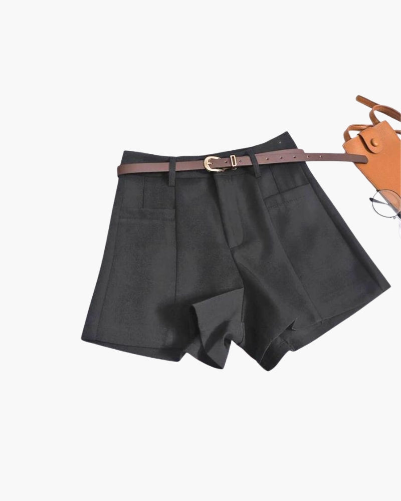 Women's High Waist Wide Leg Tailored Shorts with Pleats - Black