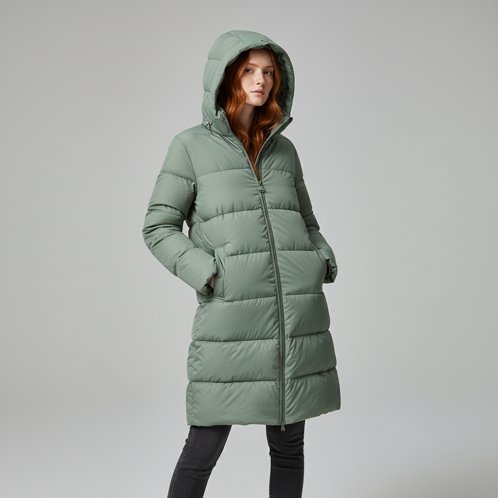 Women's Hooded Long Puffer Coat with Channel Quilting