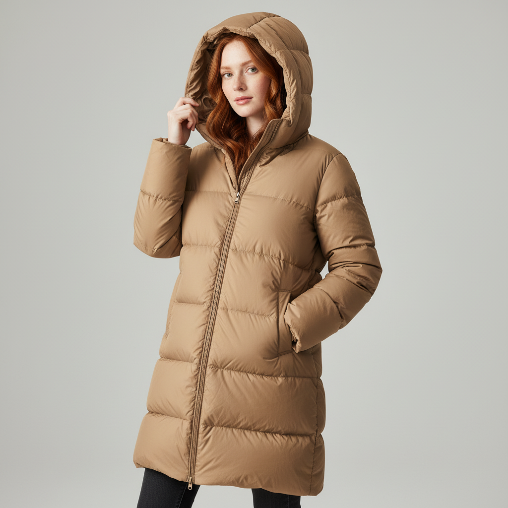 Women's Hooded Long Puffer Coat with Channel Quilting
