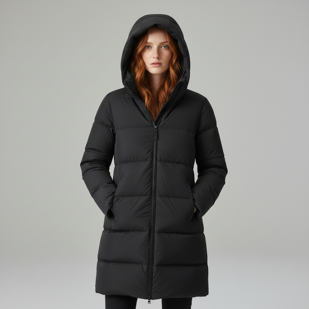 Women's Hooded Long Puffer Coat with Channel Quilting