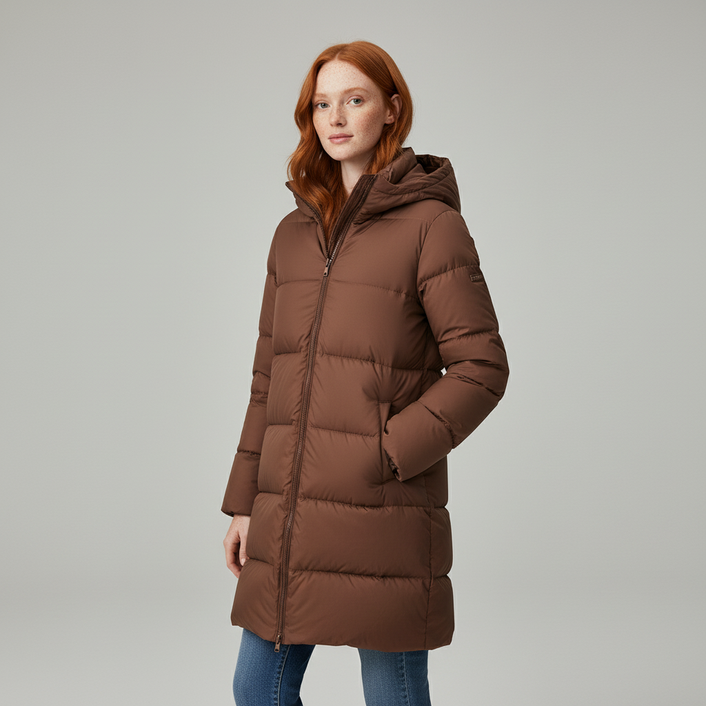 Women's Hooded Long Puffer Coat with Channel Quilting