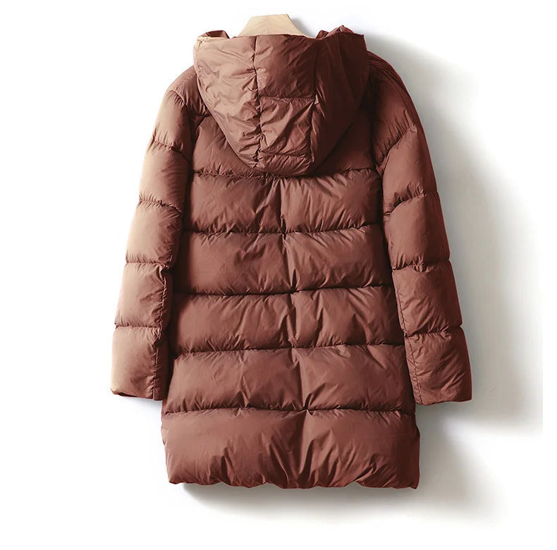 Women's Hooded Long Puffer Coat with Channel Quilting