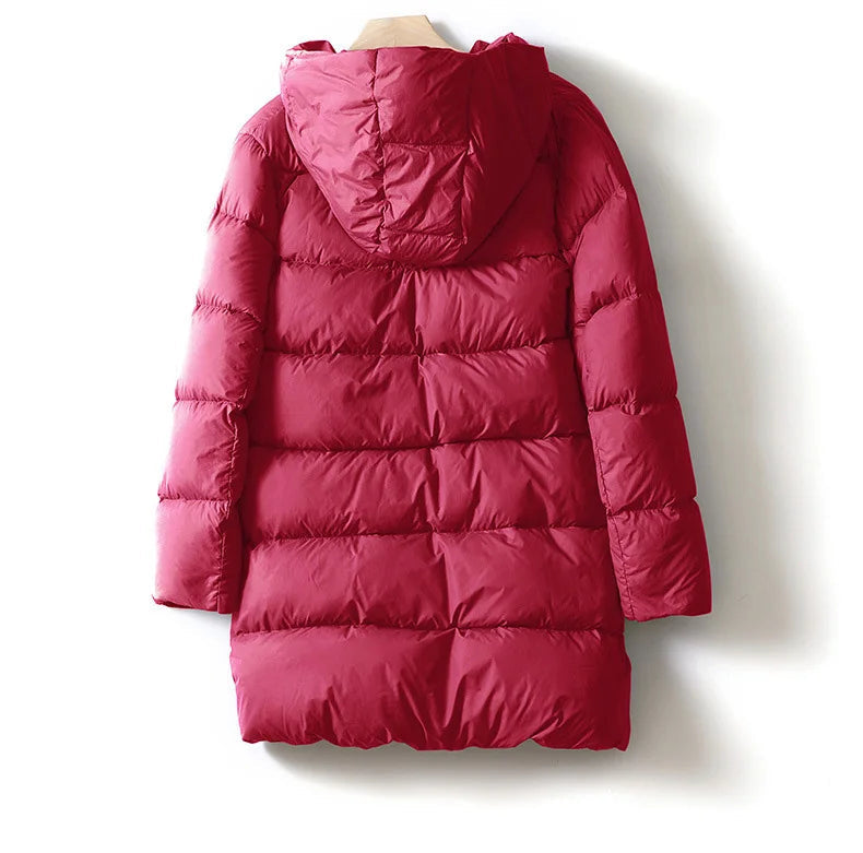Women's Hooded Long Puffer Coat with Channel Quilting