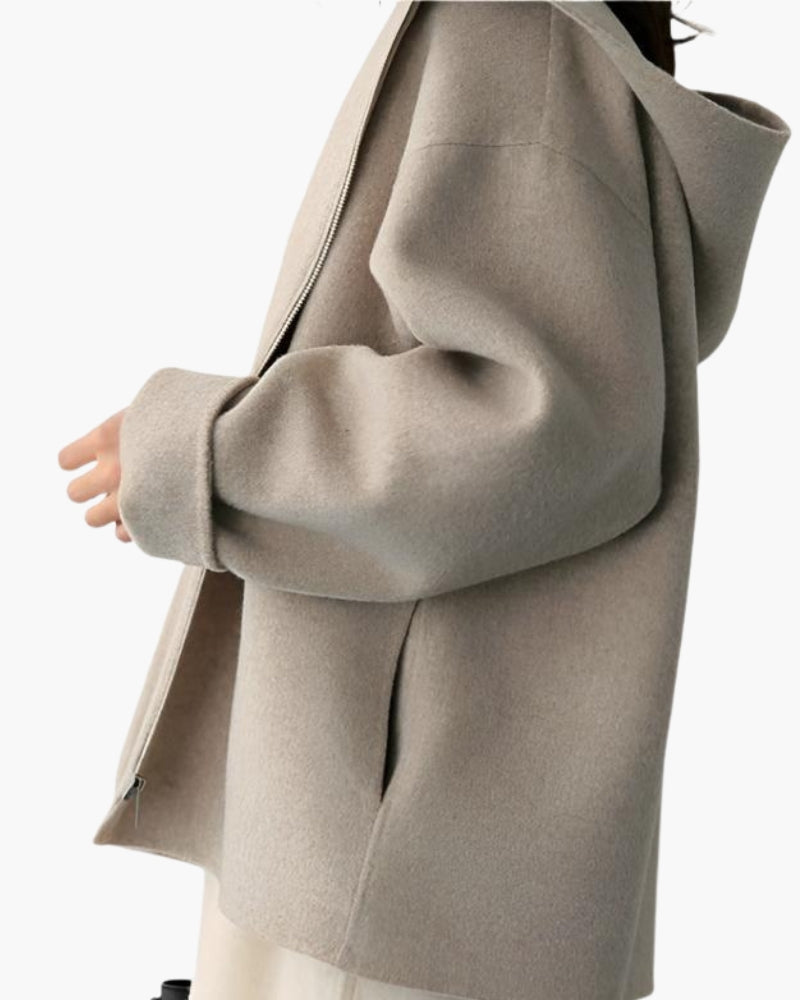 Women's Hooded Zip Coat in Brushed Wool-Look Fabric - Beige