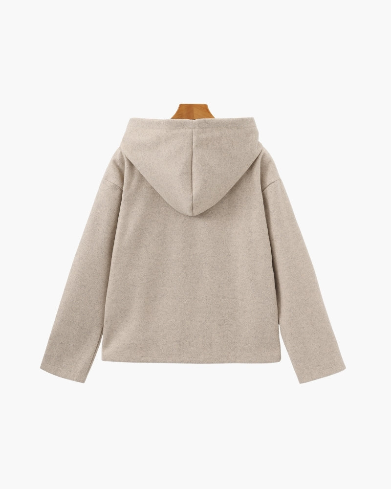 Women's Hooded Zip Coat in Brushed Wool-Look Fabric - Beige