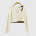 Women's Layered Long Sleeve Crop Top with Notched Neckline - Beige