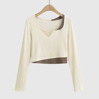 Women's Layered Long Sleeve Crop Top with Notched Neckline - Beige