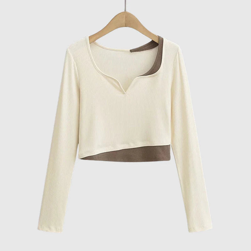 Women's Layered Long Sleeve Crop Top with Notched Neckline - Beige