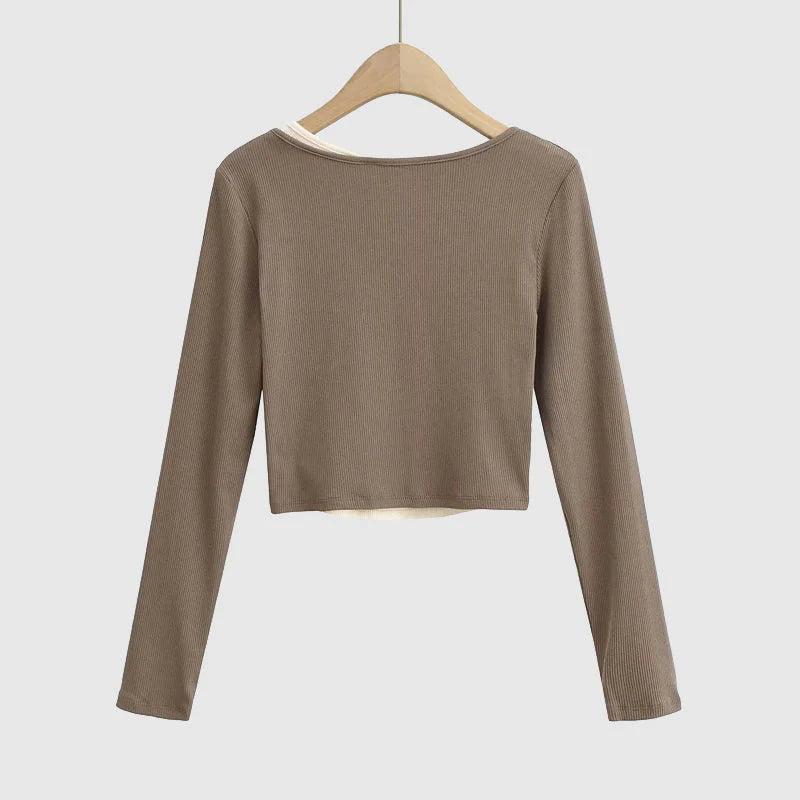 Women's Layered Long Sleeve Crop Top with Notched Neckline