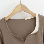 Women's Layered Long Sleeve Crop Top with Notched Neckline