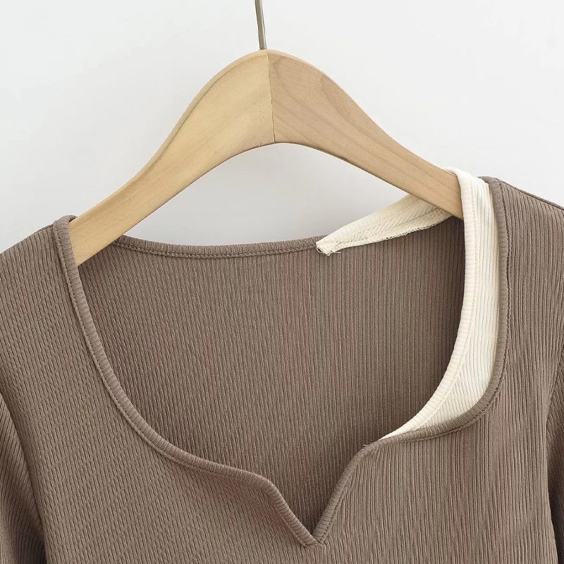 Women's Layered Long Sleeve Crop Top with Notched Neckline