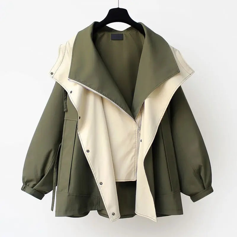 Women's Layered Utility Jacket with Contrast Front Panel - Emerald Green