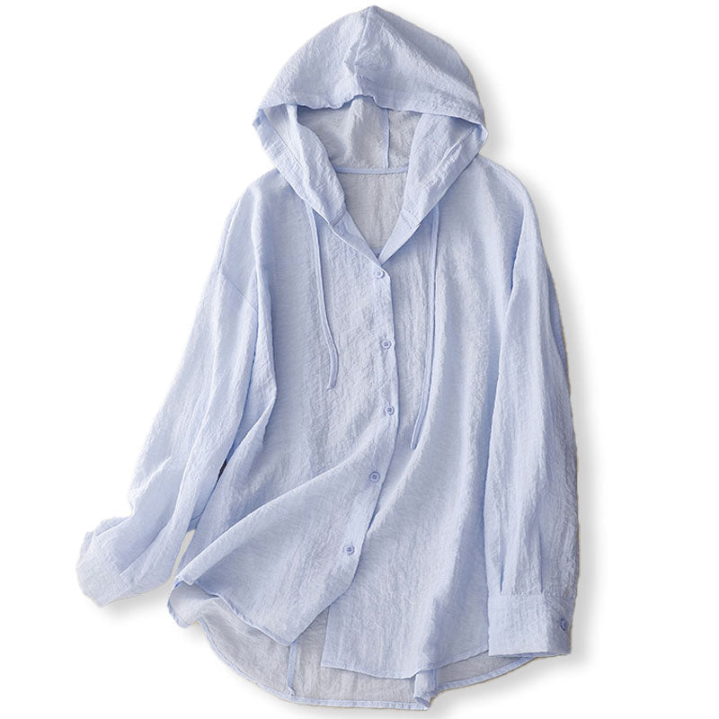 Women's Lightweight Hooded Button-Down Shirt with Drawstring - Sky Blue
