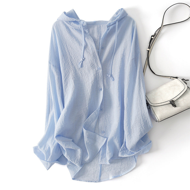 Women's Lightweight Hooded Button-Down Shirt with Drawstring