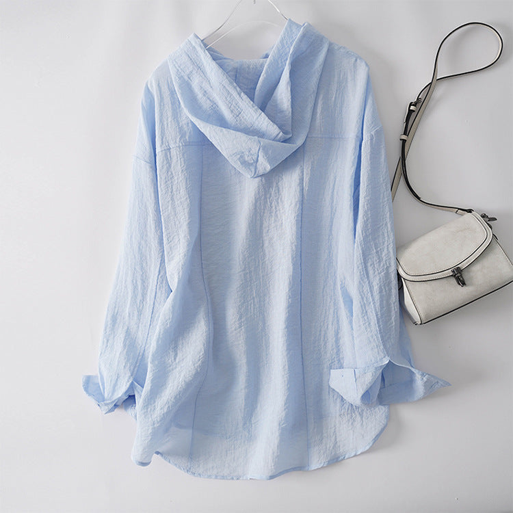 Women's Lightweight Hooded Button-Down Shirt with Drawstring