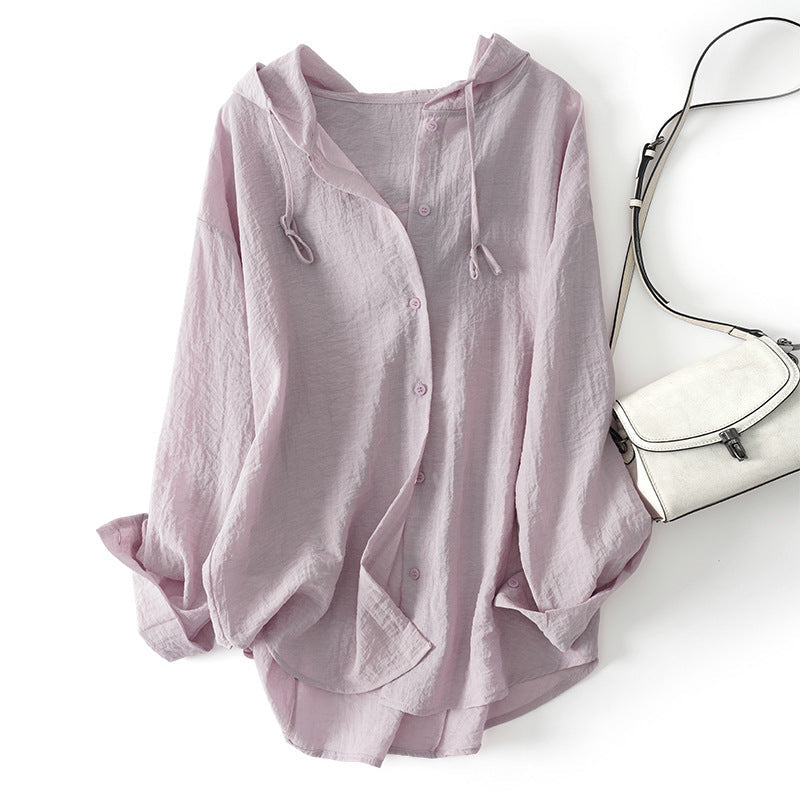 Women's Lightweight Hooded Button-Down Shirt with Drawstring