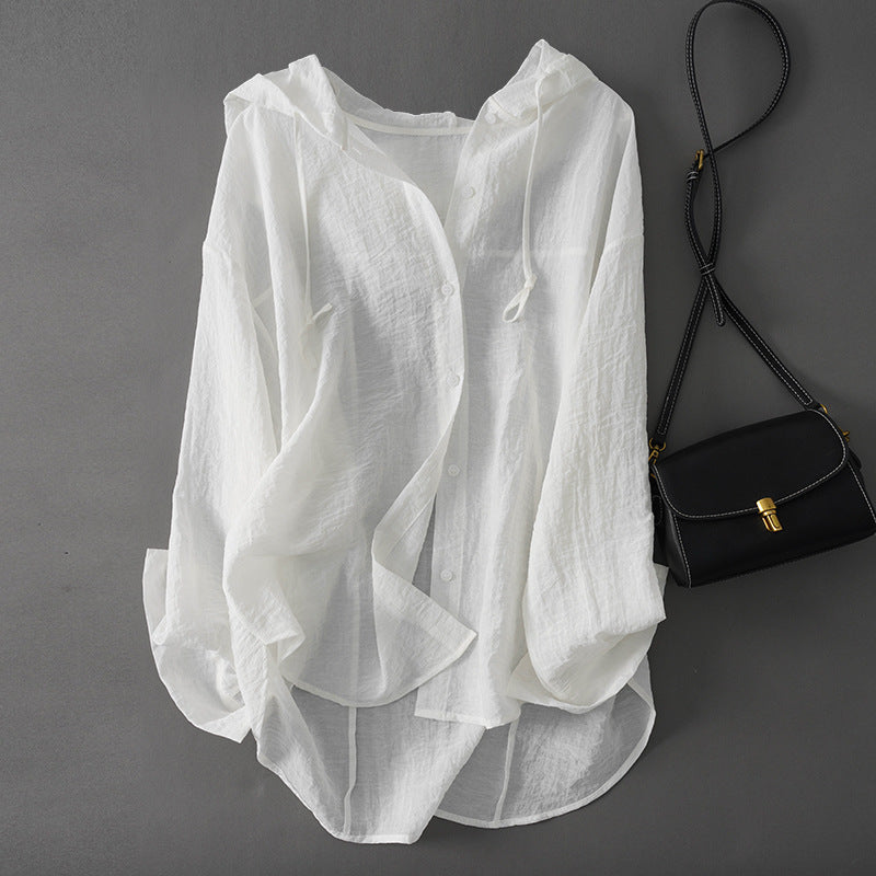 Women's Lightweight Hooded Button-Down Shirt with Drawstring