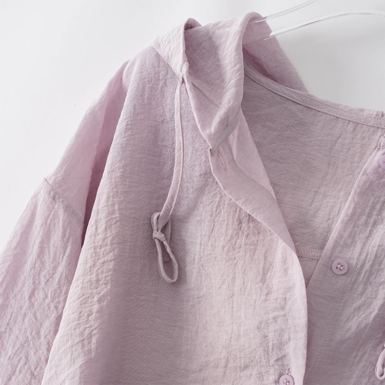Women's Lightweight Hooded Button-Down Shirt with Drawstring