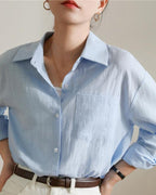 Women's Linen-Look Button-Up Shirt with Long Sleeves