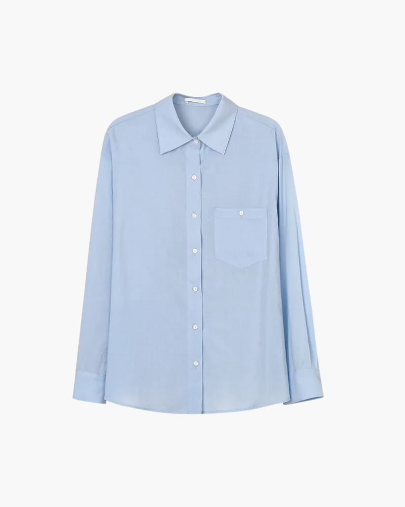 Women's Linen-Look Button-Up Shirt with Long Sleeves - Blue