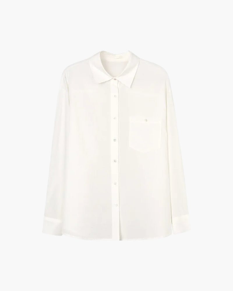 Women's Linen-Look Button-Up Shirt with Long Sleeves - White
