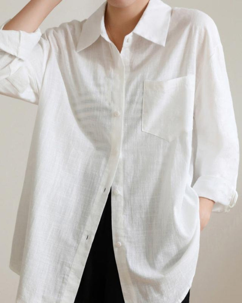 Women's Linen-Look Button-Up Shirt with Long Sleeves