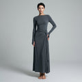 Women's Long Sleeve Draped Maxi Dress with Knotted Waist - Charcoal