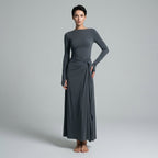 Women's Long Sleeve Draped Maxi Dress with Knotted Waist - Charcoal