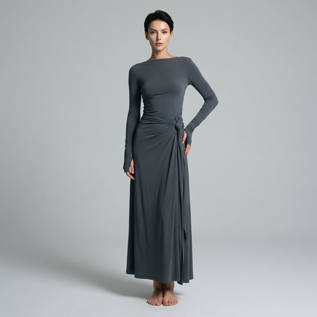 Women's Long Sleeve Draped Maxi Dress with Knotted Waist - Charcoal