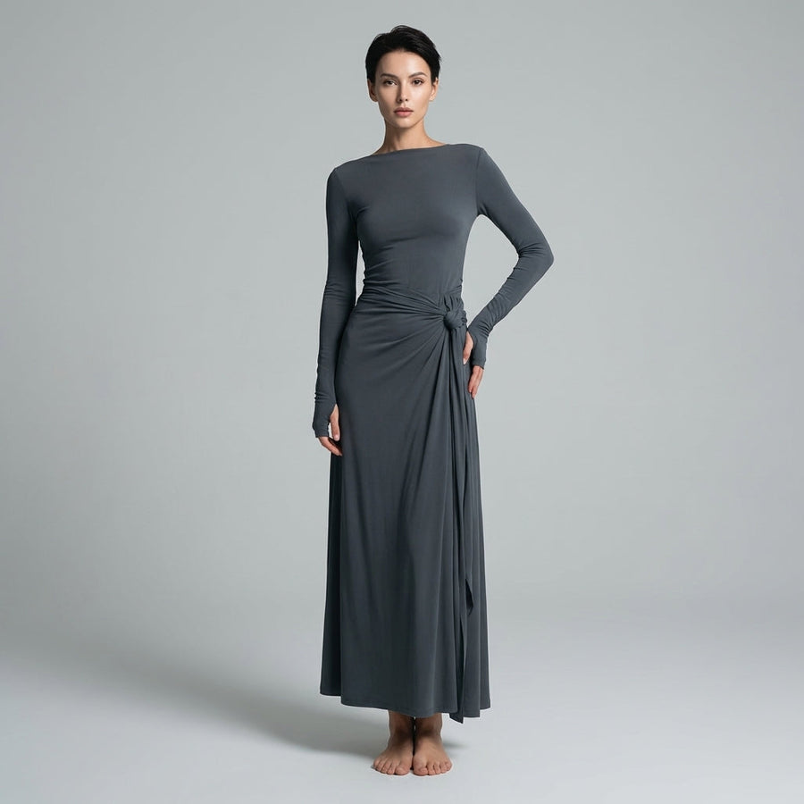 Women's Long Sleeve Draped Maxi Dress with Knotted Waist - Charcoal