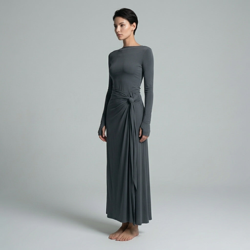 Women's Long Sleeve Draped Maxi Dress with Knotted Waist