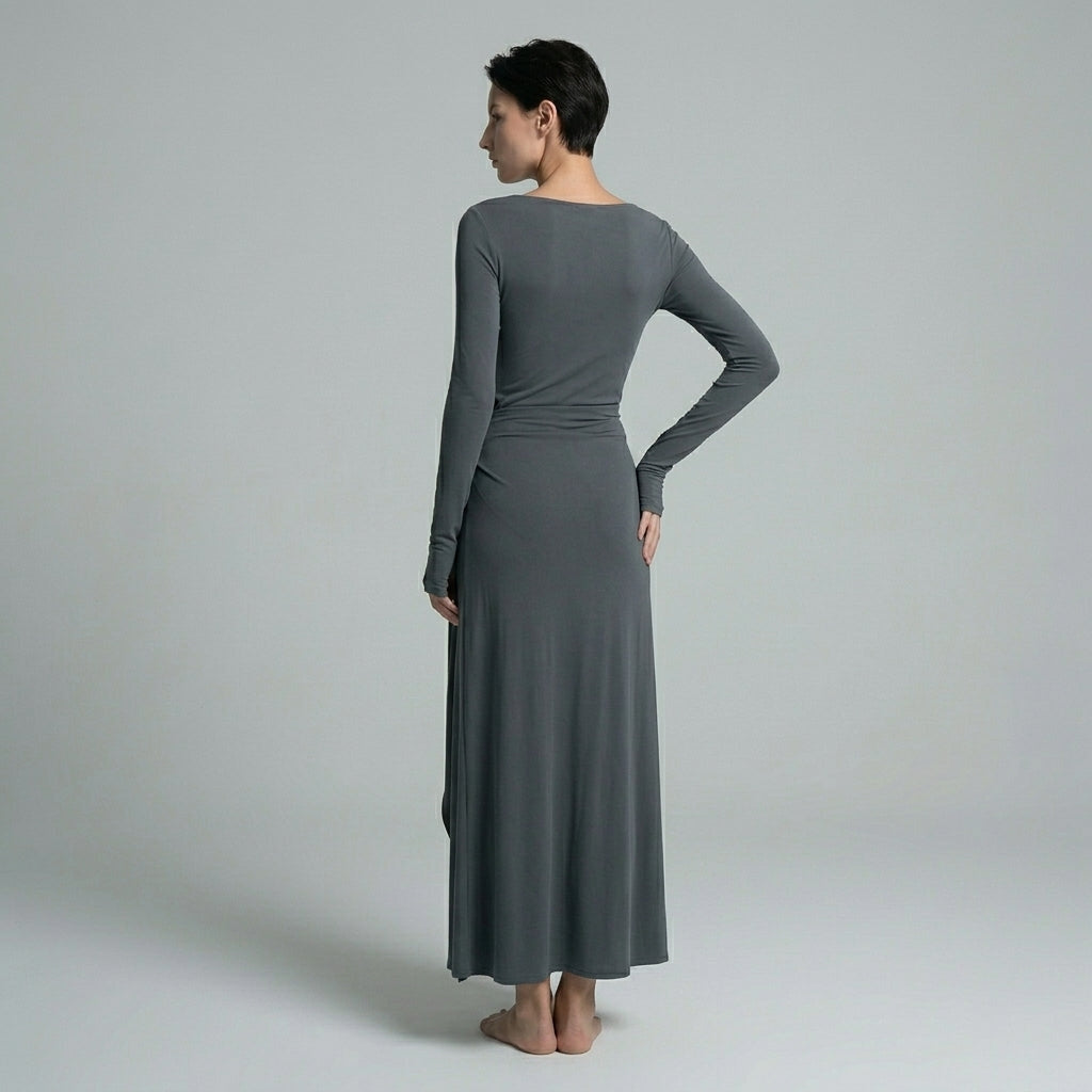 Women's Long Sleeve Draped Maxi Dress with Knotted Waist