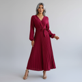 Women's Long Sleeve Pleated Wrap Maxi Dress with Tie Waist - Cabernet