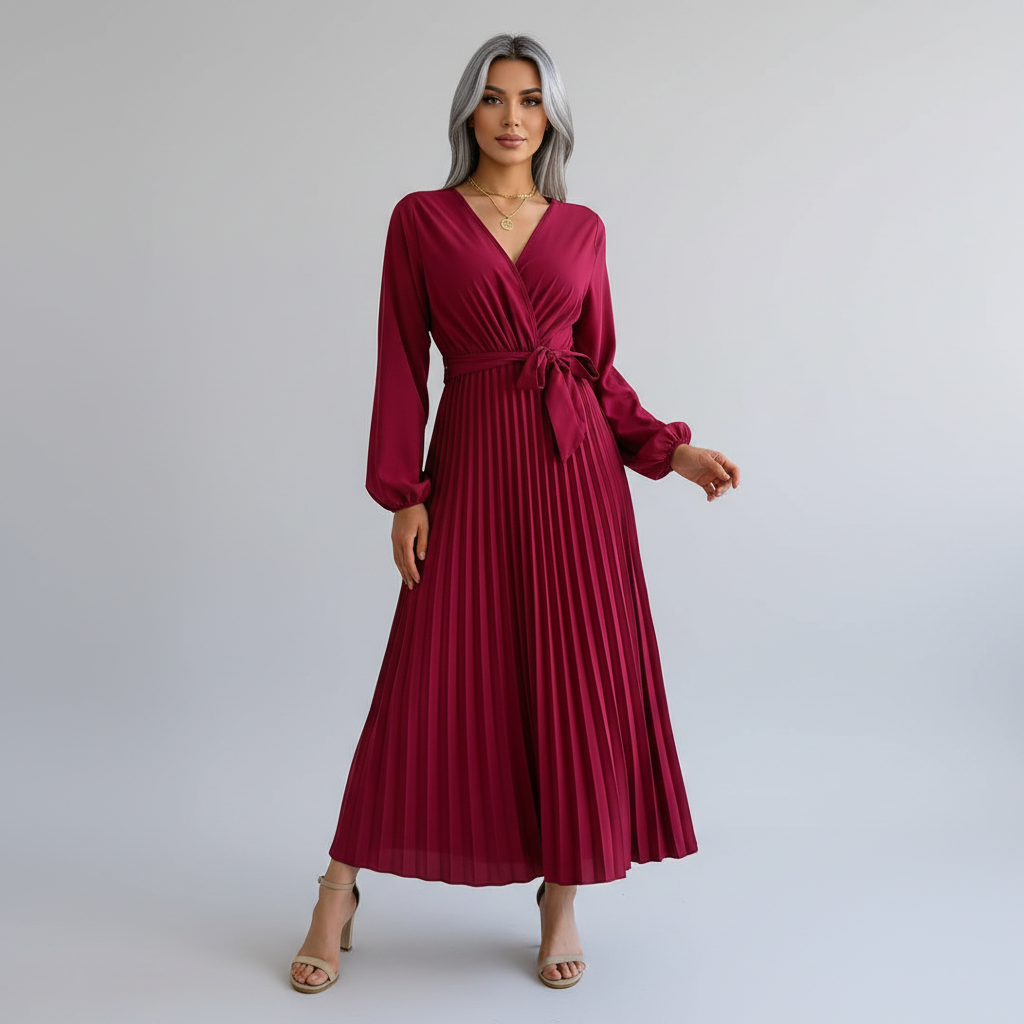 Women's Long Sleeve Pleated Wrap Maxi Dress with Tie Waist - Cabernet