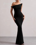 Women's One-Shoulder Bodycon Maxi Dress with Fishtail Hem - Black
